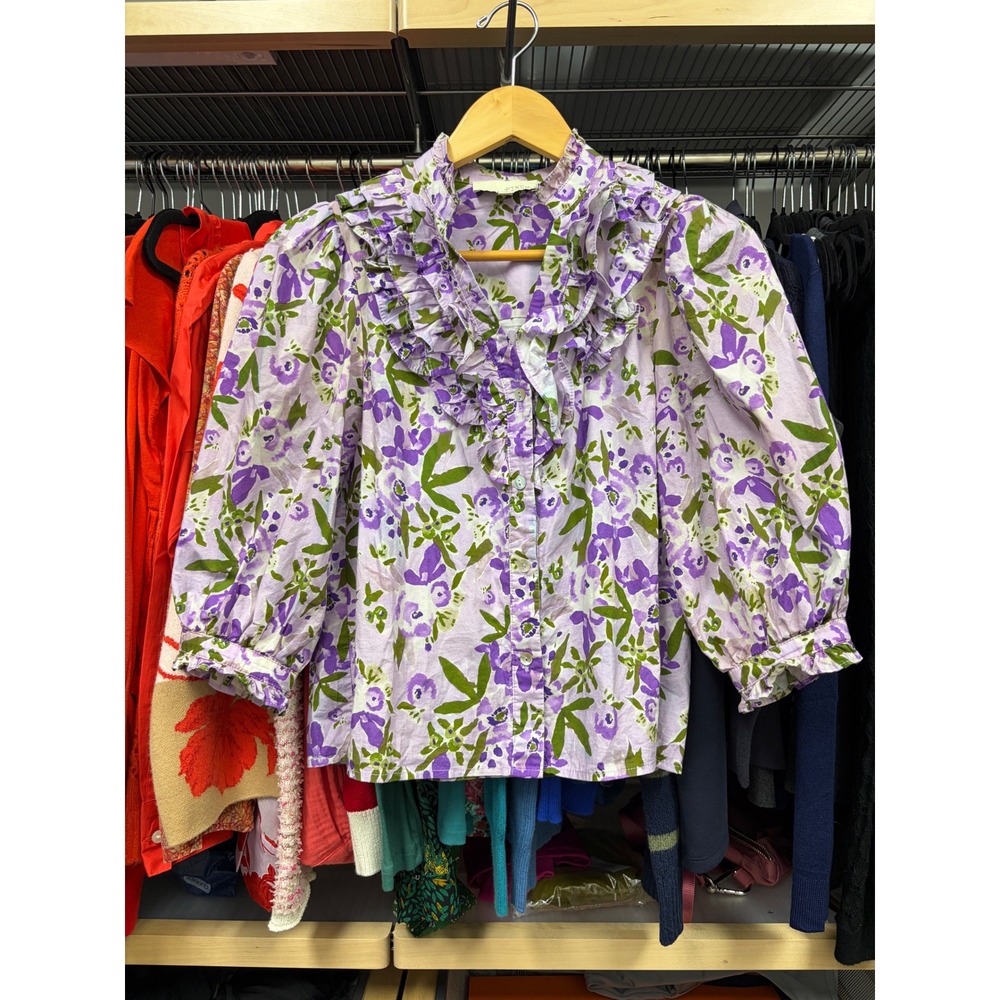 Pinch Avara Greta Womens Purple Floral Ruffle Neck Puff Sleeve Cotton Blouse XS